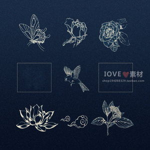 中国风手绘国画花鸟蝴蝶祥云荷花牡丹菊花ps笔刷画笔预设素材a22