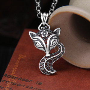 s925纯银可爱狐狸吊坠女做旧复古个性镂空九尾狐狸招财锁骨链挂件