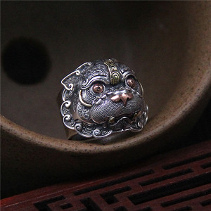 祥纹上古图腾s925纯银个性饕餮戒指本命年守护神兽泰银复古指环男