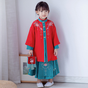 儿童汉服女春季小孩中国风古风长袖襦裙改良红色女童唐装贝优可