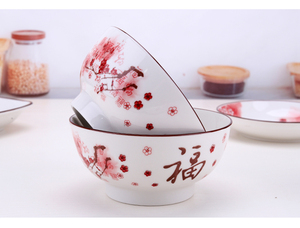 中式草莓可爱吃饭碗家用陶瓷乔迁送礼高脚碗瓷碗饭碗迎春福防烫手