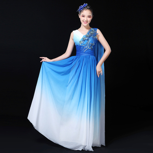 大合唱团演出服女长裙中国风美声独唱指挥蓝色礼服裙2022气质舞台