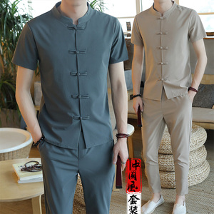 夏季男士短袖t恤套装两件套2021新款中国风冰丝唐装复古棉麻衣服