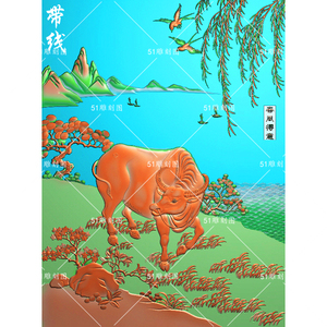 精雕图牛挂件jdp动物浮雕图bmp灰度图zdn-003春风得意春耕牛带线