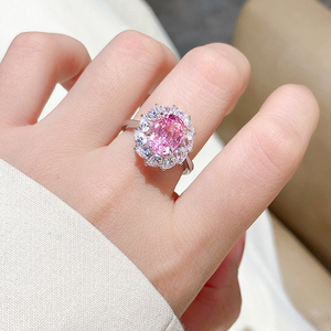 帕帕拉恰戒指女鸽子蛋纯银人工宝石粉钻 彩宝高级感3克拉粉色钻戒