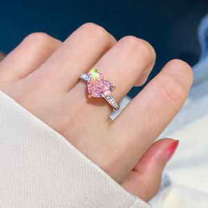 4克拉粉钻戒指女夏纯银粉色心形钻爱心锆石食指人造钻石假钻戒ins