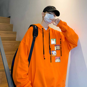 橘色卫衣男连帽ins潮港风roora情侣套头外套日系卡通高街运动上衣