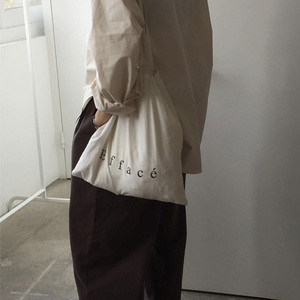 韩国ins小众设计简约文艺字母薄棉坯布袋棉布袋帆布单肩包购物袋