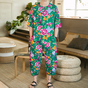 东北大花裤衩套装男夏季休闲运动时尚精神小伙社会人亚麻唐装汉服