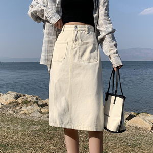 侧开叉米白色半身裙女夏季薄款中长款夏天包臀新款2021年休闲中裙