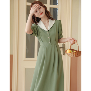 茶歇桔梗法式收腰显瘦气质牛油果绿连衣裙2024新款夏季小个子裙子