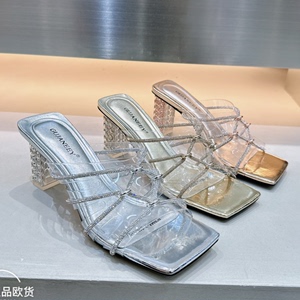 欧货2024夏季新款透明胶片水钻粗跟拖鞋女气质性感高跟仙女风凉鞋
