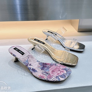 欧洲站女鞋2024夏季新款百搭水晶胶片一字拖鞋透明低跟凉鞋仙女风