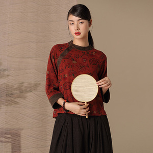 【自在娇莺】吉祥羽儿原创秋季新款绢纺香云纱斜襟圆领中式上衣女