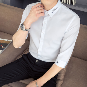 衬衫男短袖修身韩版男士休闲七分袖衬衣潮流帅气长袖春季薄款白寸