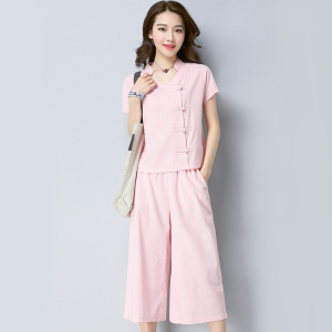女士套装衣服2018新款时尚棉麻女夏亚麻两件套微胖减龄夏季阔腿裤