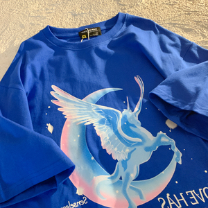 克莱因蓝独角兽印花短袖t恤女设计感小众宽松ins潮牌vintage上衣