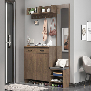 入户定制鞋柜实木生态板家用进门口玄关柜挂衣架一体换鞋凳带镜子