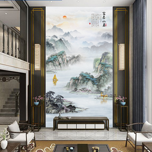 新中式富山春居图山水壁画玄关复式楼挑高别墅客厅背景墙壁纸壁布
