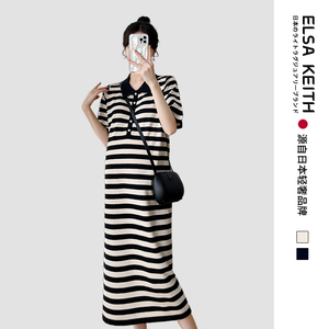 日本ELSA KEITH孕妇装新款夏季连衣裙针织条纹翻领衬衫中长款修身
