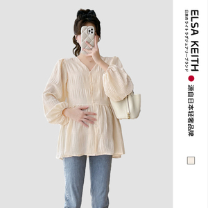 日本ELSA KEITH孕妇装2024春款温柔长袖时尚宽松娃娃装纯棉女上衣