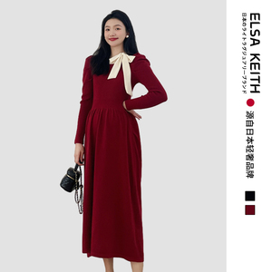 日本ELSA KEITH孕妇装冬季新款气质红色大码针织加厚过年连衣裙