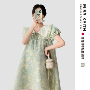 日本ELSA KEITH孕妇装时尚花色连衣裙宽松夏季网纱翻领好看大码拼