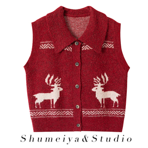 秋冬季可爱减龄针织马甲背心麋鹿圣诞节红色无袖毛衣内搭外穿女