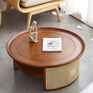 实木藤编茶几日式圆形ins风格家用简约小户型客厅家具矮桌子