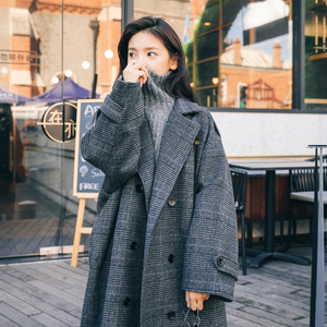 时尚格子毛呢大衣女秋冬季韩版学生韩系温柔小个子千鸟格呢子外套