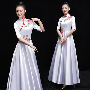 大合唱团演出服女长裙成人中国风古筝二胡优雅现代团体服舞蹈服装