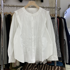 韩版时尚圆领单排扣荷叶边设计风琴褶皱纯棉白色长袖气质衬衫上衣