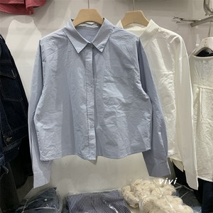 韩版时尚气质POLO领单口袋长袖单排扣纯棉短款小个子通勤百搭衬衫