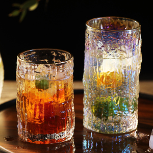日式树皮纹玻璃杯家用喝水杯子轻奢金边七彩色女网红杯啤酒果汁杯