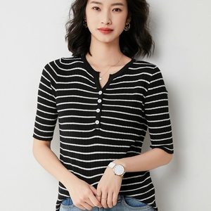 条纹针织衫女修身五分袖羊毛打底衫薄款毛衣早春夏季内搭短袖t恤