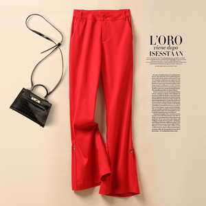 红色裤子女2021春季新款女裤宽松直筒休闲微喇裤显瘦百搭喇叭裤子