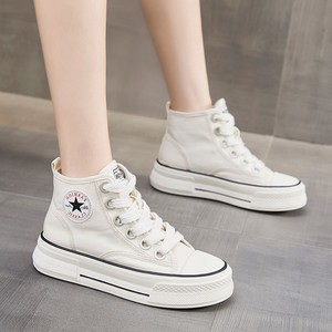 明星同款复古厚底高帮休闲板鞋女2022年夏季松糕小白鞋帆布鞋女鞋