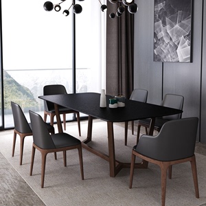 火烧石餐桌椅组合北欧实木黑色大理石桌子现代简约长方形家用饭桌