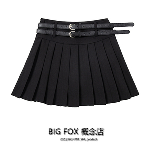 BIG FOX 美式校园风少女双腰带设计高腰显瘦A字裙防走光百褶裙子