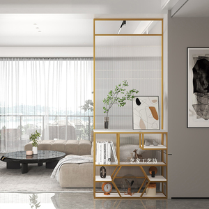 北欧轻奢铁艺长虹玻璃隔断置物玄关柜入户餐客厅不锈钢屏风装饰墙