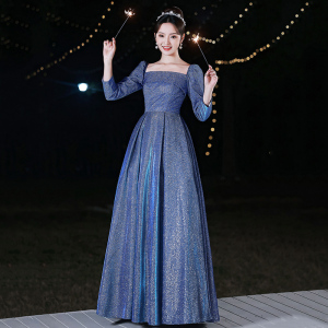 蓝色晚礼服裙女长款星空主持轻奢小众高端宴会敬酒服订婚连衣裙闪