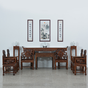 实木中式菠萝格中堂六件套仿红木条案供桌农村堂屋八仙桌四件套