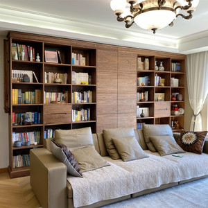 全实木原木组合书柜ins风满墙书架黑胡桃木樱桃木电视背景展示柜