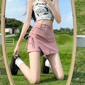 粉色牛仔短裙女夏季薄款不规则半身裙2024抽绳超A甜辣裙裤裤裙子