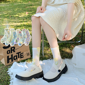女袜子夏款中筒袜ins潮网红袜甜美花朵短袜韩版泫雅风网眼堆堆袜