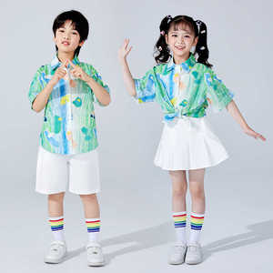 男女童两件套童装六一表演男童沙滩风衬衫短裤小女孩套装裙啦啦队