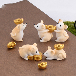 微景观树脂工艺品卡通小动物浅黄元宝金币老鼠摆件发财鼠盆景饰品