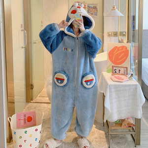 连体睡衣女秋冬季珊瑚绒加绒加厚款卡通可爱小熊学生法兰绒家居服