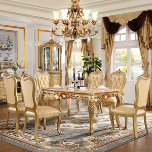 欧式大理石实木雕花餐桌香槟色别墅户型大饭桌饭椅餐椅头层真牛皮
