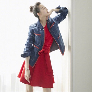 四季名品美韩新款 明星刘诗诗同款牛仔2019女套装外套修身秋冬腰带